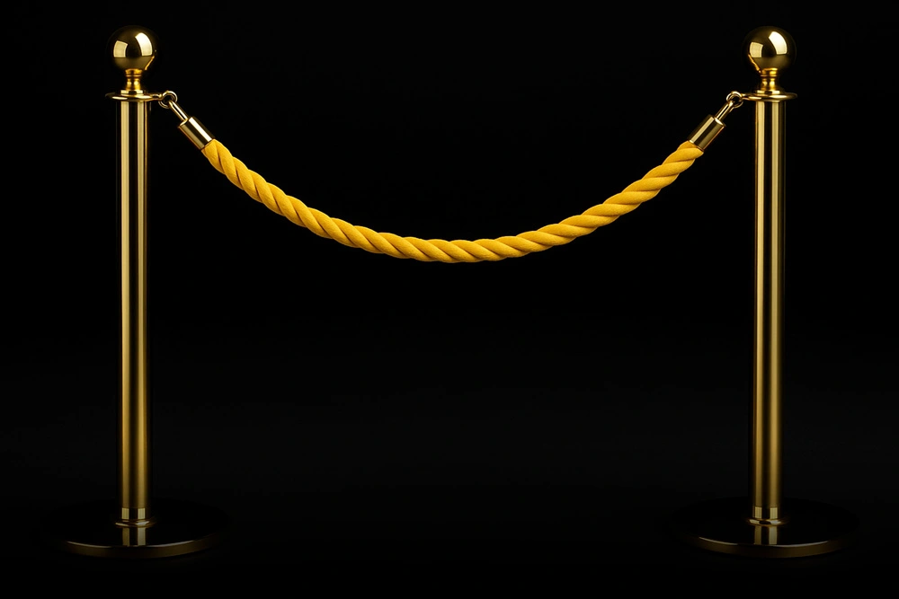 Luxury gold stanchions with a velvet yellow rope against a black background, symbolizing exclusive VIP real estate service with Ivan Larco in Orange County.