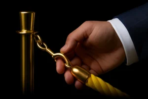 Close-up of a hand in a blue suit unhooking a luxury gold stanchion with a yellow velvet rope, symbolizing exclusive access to premium real estate services with Ivan Larco.
