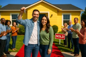 Happy couple holding keys in front of a sold yellow house, standing on a red carpet with cheering neighbors—celebrating a successful home purchase with Realtor Ivan Larco in Orange County.