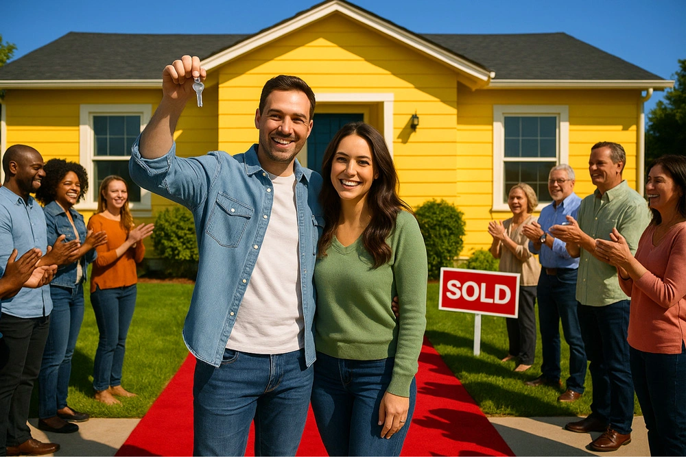 Happy couple holding keys in front of a sold yellow house, standing on a red carpet with cheering neighbors—celebrating a successful home purchase with Realtor Ivan Larco in Orange County.