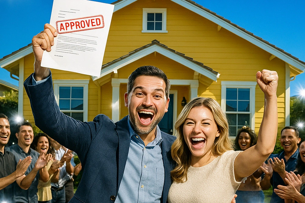 Joyful couple holding mortgage approval letter in front of a yellow home, celebrating with raised fists and a cheering crowd—symbolizing success with Ivan Larco, top Realtor in Orange County.